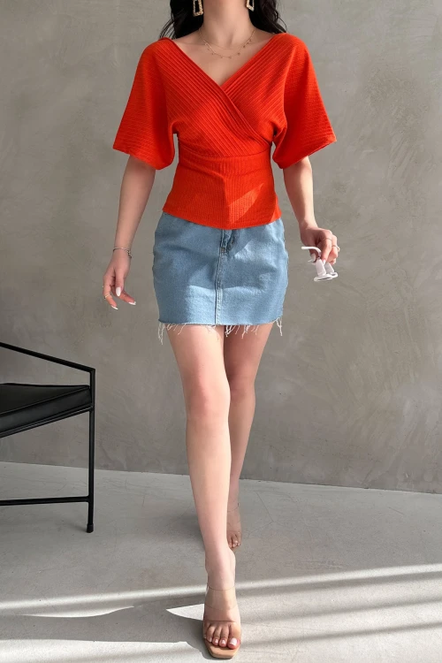 Turuncu V Yaka Sırtı Çapraz Bantlı Fitilli Bluz  BCDF-252177