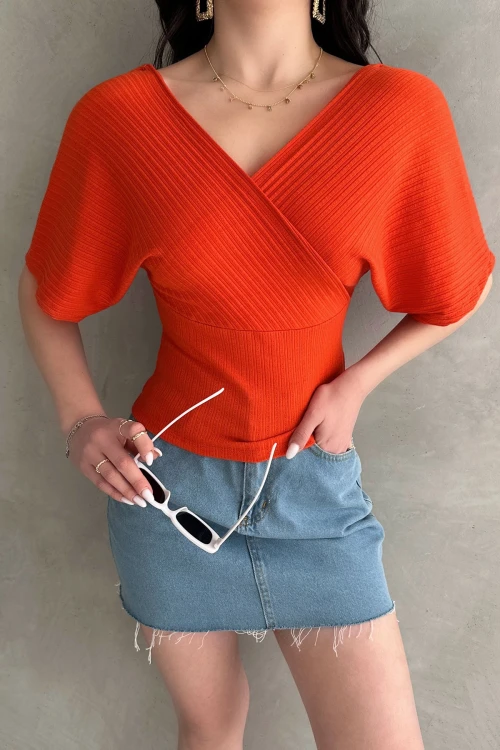 Turuncu V Yaka Sırtı Çapraz Bantlı Fitilli Bluz  BCDF-252177
