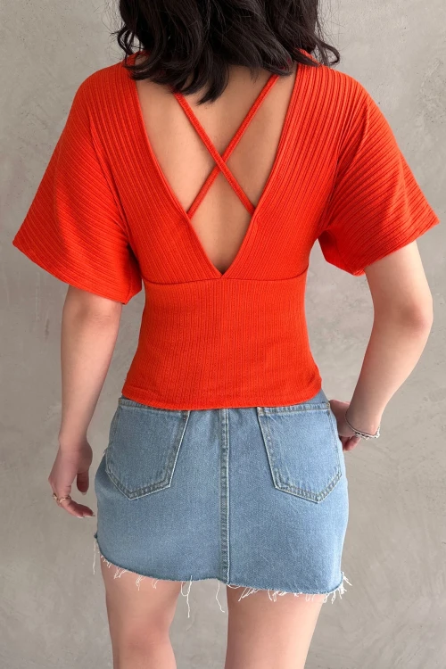 Turuncu V Yaka Sırtı Çapraz Bantlı Fitilli Bluz  BCDF-252177