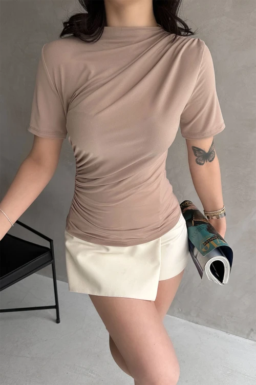 Vizon Kısa Kol Drapeli Sandy Bluz BCDF-252166