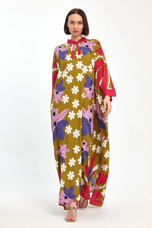 Yağ Yeşili Baskılı Maxi Boy Dokuma Viscon Elbise