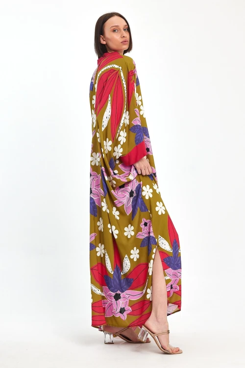 Yağ Yeşili Baskılı Maxi Boy Dokuma Viscon Elbise