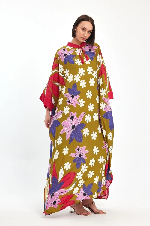 Yağ Yeşili Baskılı Maxi Boy Dokuma Viscon Elbise