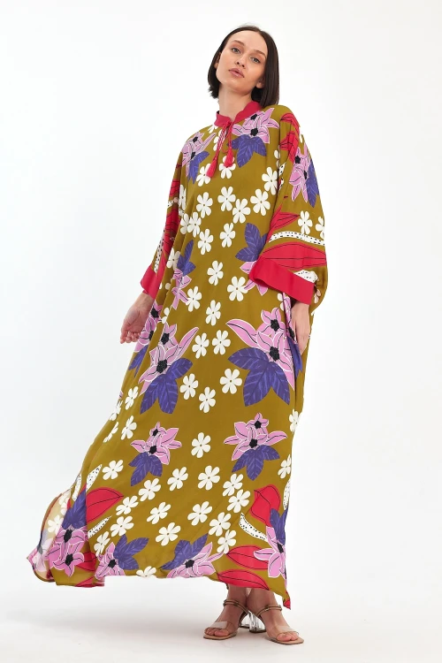 Yağ Yeşili Baskılı Maxi Boy Dokuma Viscon Elbise