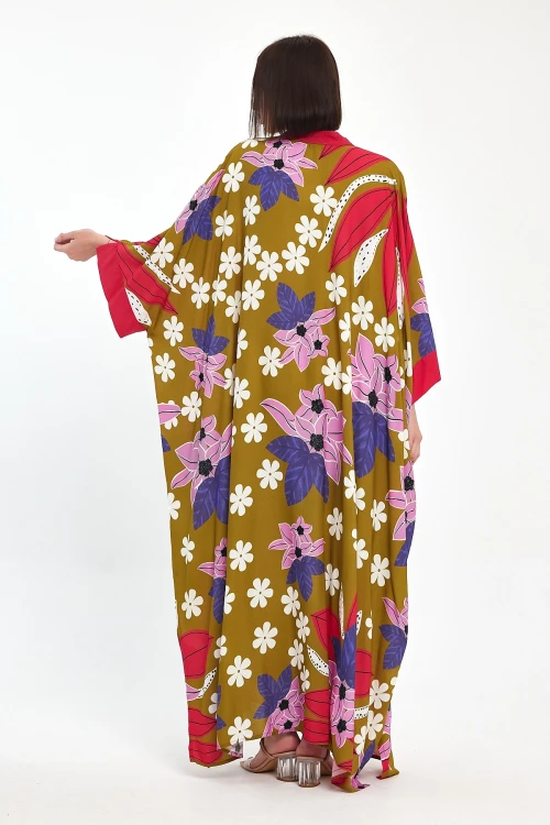 Yağ Yeşili Baskılı Maxi Boy Dokuma Viscon Elbise