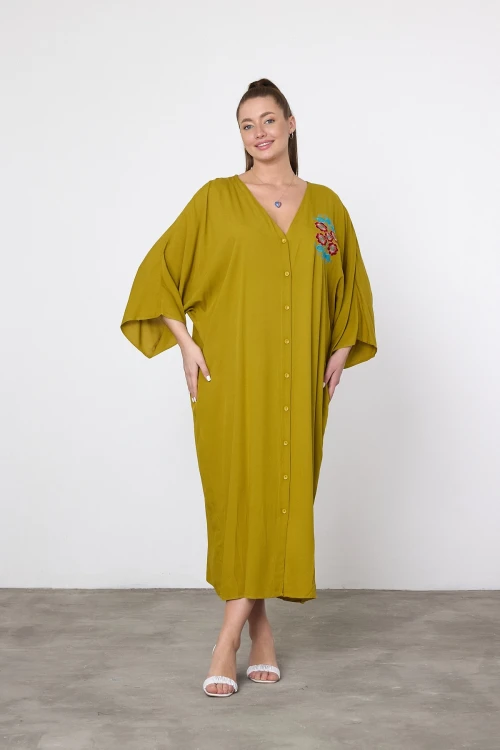 Maxi Boy Yağ Yeşili Nakış İşlemeli Dokuma Viscon Elbise BCVL-25V038