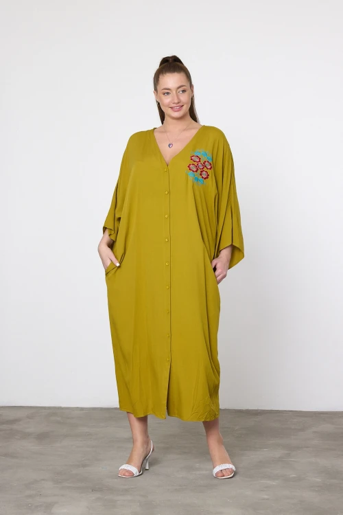 Maxi Boy Yağ Yeşili Nakış İşlemeli Dokuma Viscon Elbise BCVL-25V038