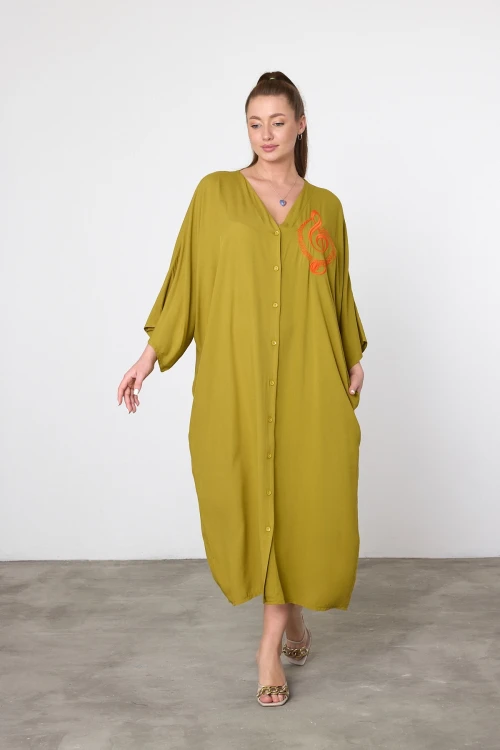 Maxi Boy Yağ Yeşili Nakış İşlemeli Dokuma Viscon Elbise BCVL-25V050