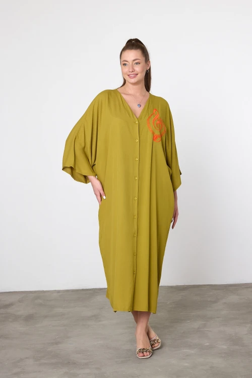 Maxi Boy Yağ Yeşili Nakış İşlemeli Dokuma Viscon Elbise BCVL-25V050