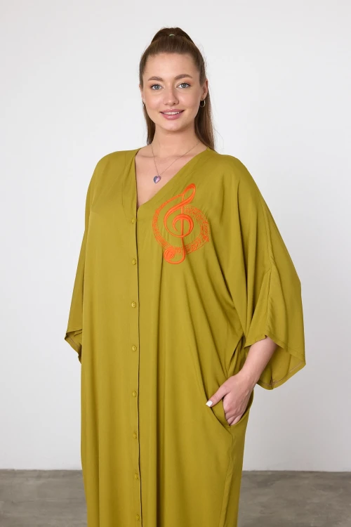 Maxi Boy Yağ Yeşili Nakış İşlemeli Dokuma Viscon Elbise BCVL-25V050