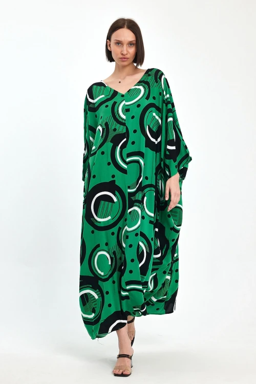 Maxi Boy Yeşil Baskılı Dokuma Viscon Elbise BCVL-251067