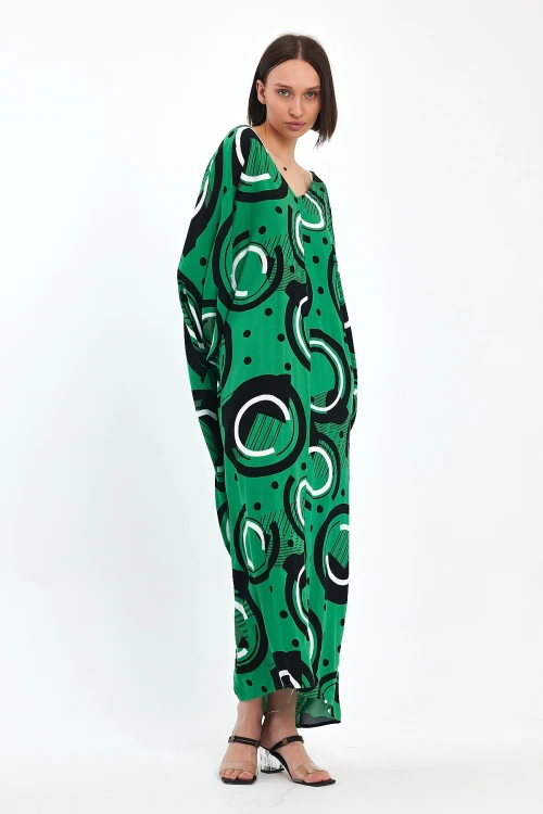 Maxi Boy Yeşil Baskılı Dokuma Viscon Elbise BCVL-251067