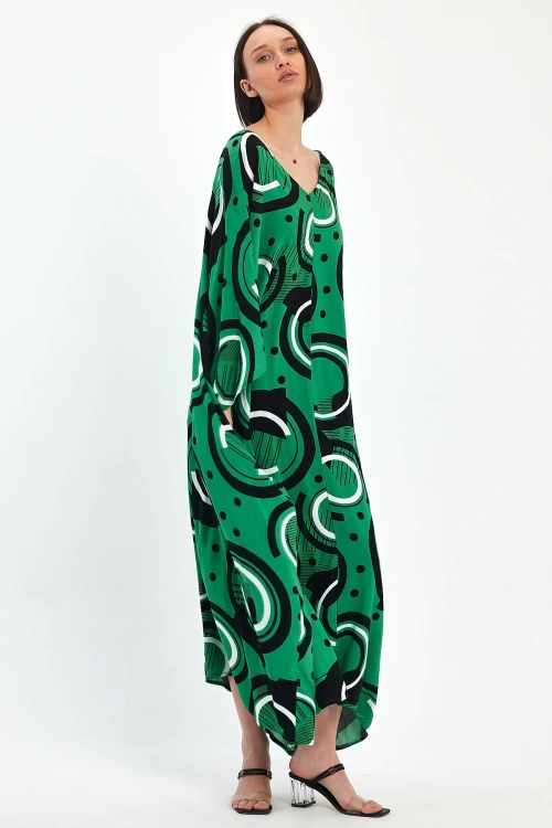 Maxi Boy Yeşil Baskılı Dokuma Viscon Elbise BCVL-251067