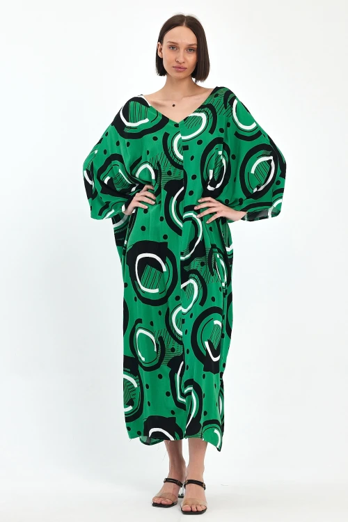 Maxi Boy Yeşil Baskılı Dokuma Viscon Elbise BCVL-251067