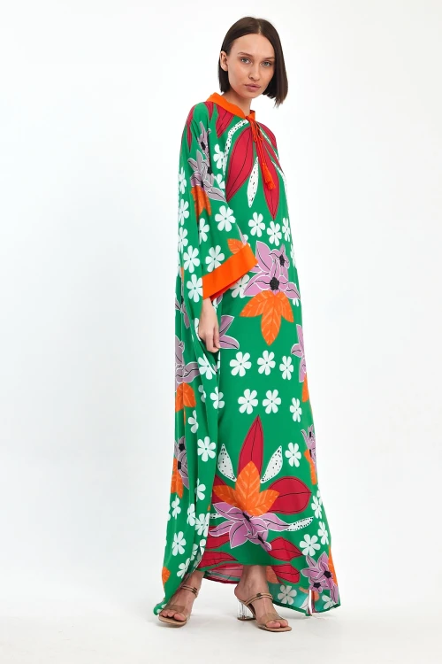 Yeşil Baskılı Maxi Boy Dokuma Viscon Elbise