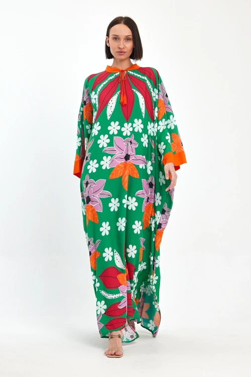 Yeşil Baskılı Maxi Boy Dokuma Viscon Elbise