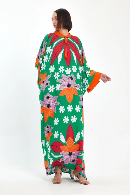 Yeşil Baskılı Maxi Boy Dokuma Viscon Elbise