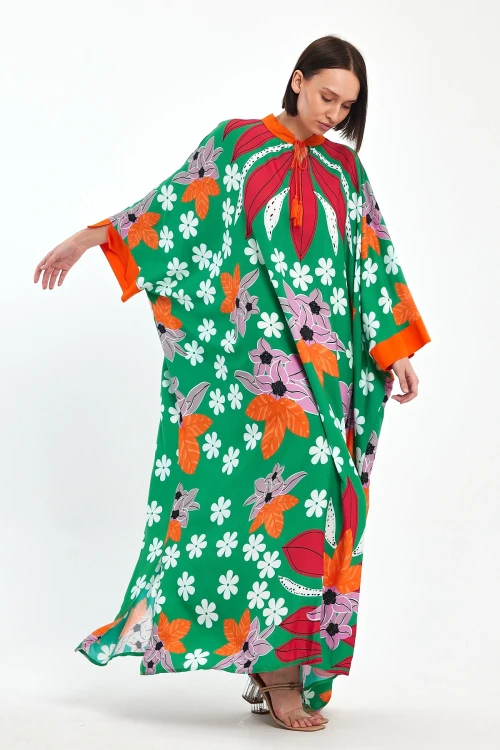 Yeşil Baskılı Maxi Boy Dokuma Viscon Elbise