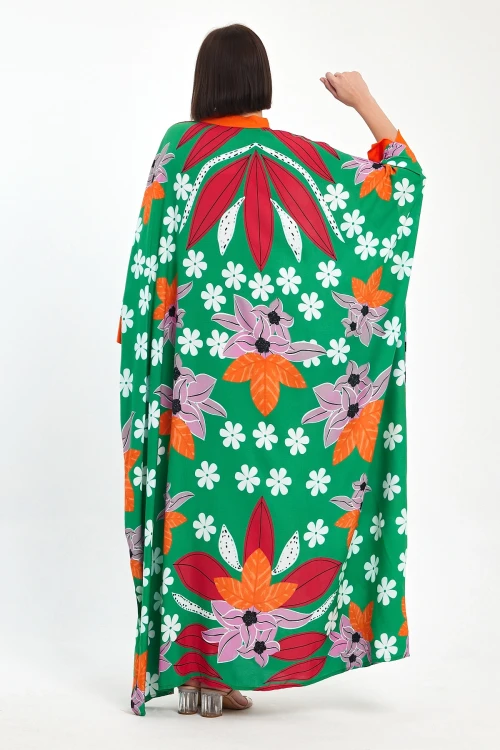 Yeşil Baskılı Maxi Boy Dokuma Viscon Elbise