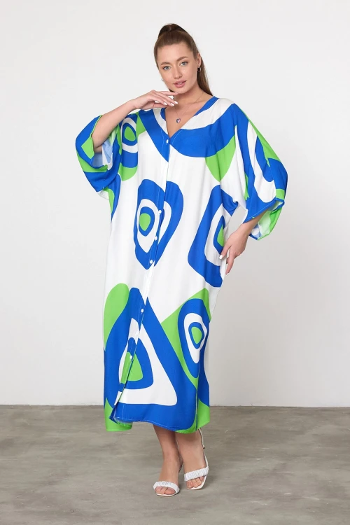 Yeşil Baskılı Maxi Boy Dokuma Viscon Elbise