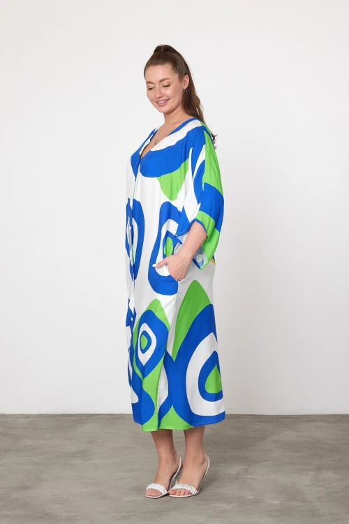 Yeşil Baskılı Maxi Boy Dokuma Viscon Elbise