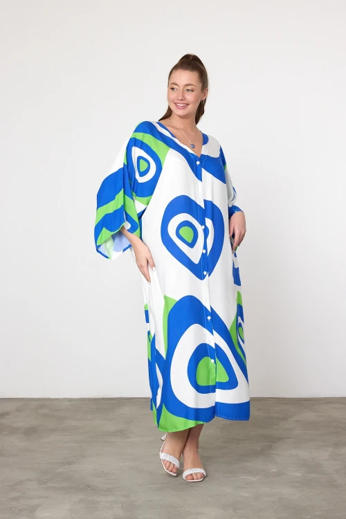 Yeşil Baskılı Maxi Boy Dokuma Viscon Elbise