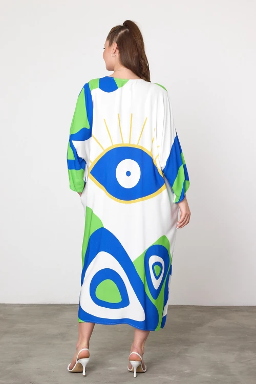 Yeşil Baskılı Maxi Boy Dokuma Viscon Elbise