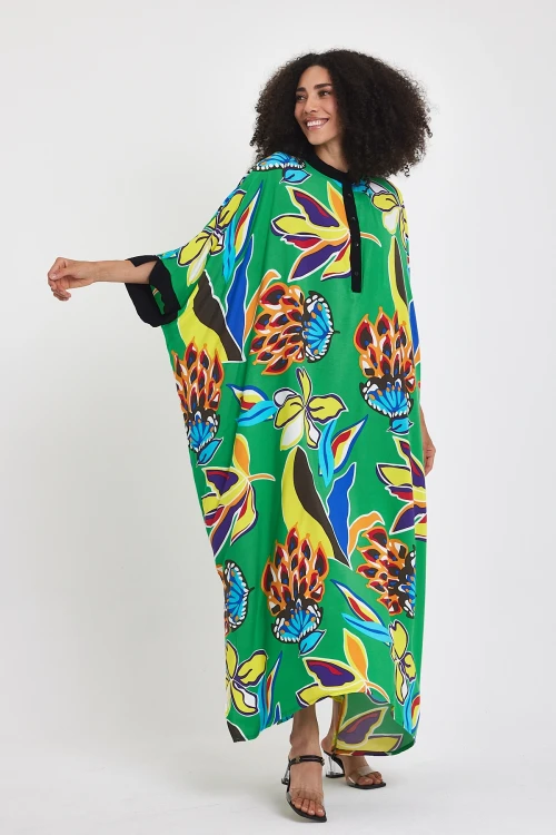 Maxi Boy Yeşil Hakim Yaka Çiçek Desenli Uzun Boy Dokuma Elbise BCVL-24969