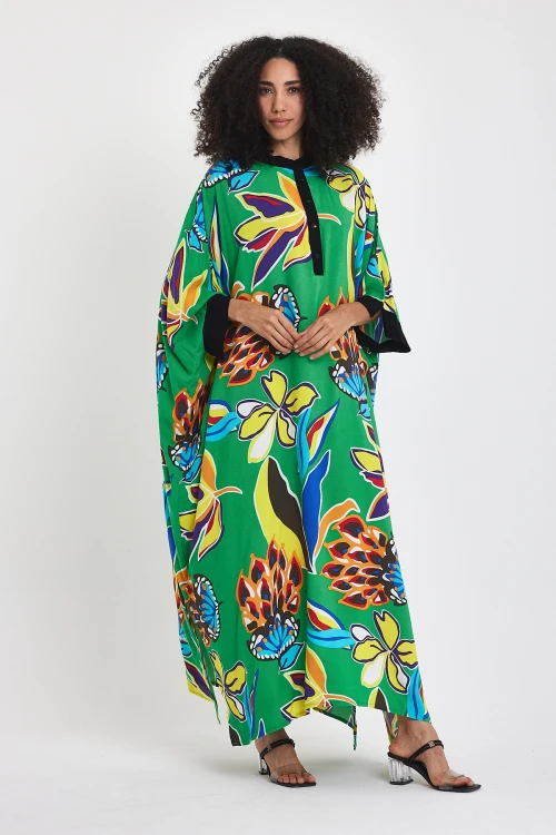 Maxi Boy Yeşil Hakim Yaka Çiçek Desenli Uzun Boy Dokuma Elbise BCVL-24969