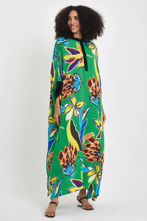 Maxi Boy Yeşil Hakim Yaka Çiçek Desenli Uzun Boy Dokuma Elbise BCVL-24969