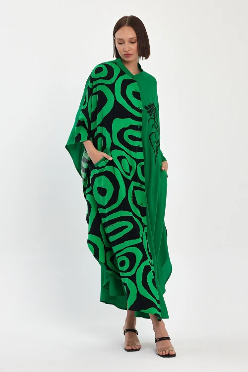Maxi Boy Yeşil Nakış İşlemeli Dokuma Viscon Elbise BCVL-251033