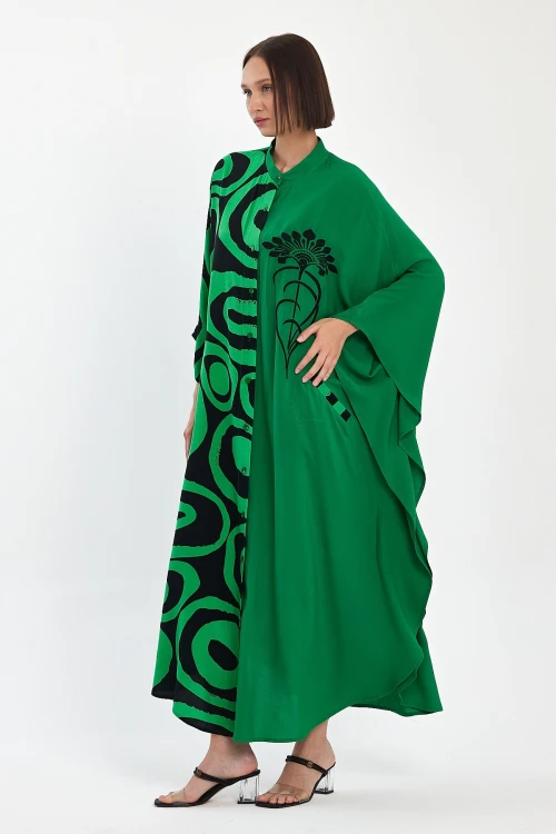 Maxi Boy Yeşil Nakış İşlemeli Dokuma Viscon Elbise BCVL-251033