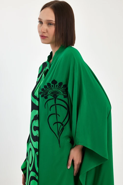 Maxi Boy Yeşil Nakış İşlemeli Dokuma Viscon Elbise BCVL-251033