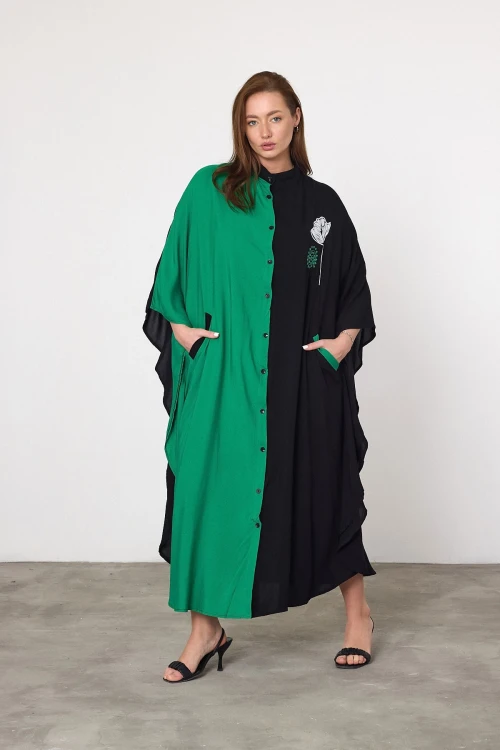 Yeşil Nakış İşlemeli Maxi Boy Dokuma Viscon Elbise