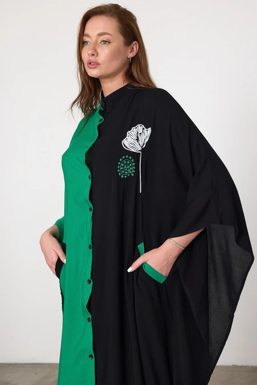 Yeşil Nakış İşlemeli Maxi Boy Dokuma Viscon Elbise