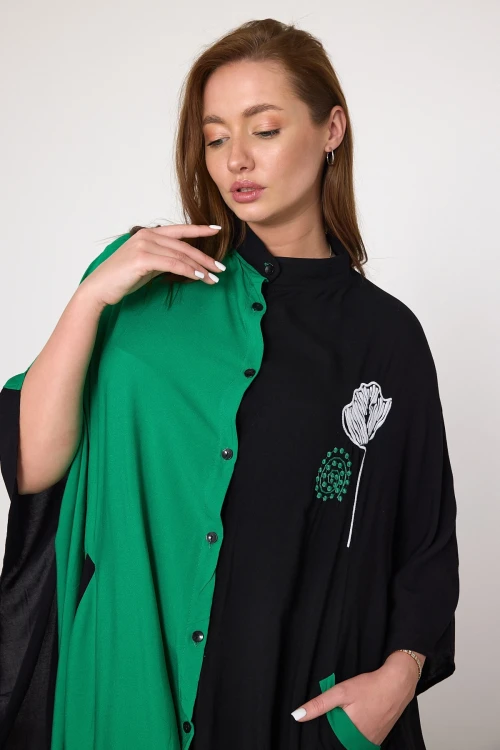 Yeşil Nakış İşlemeli Maxi Boy Dokuma Viscon Elbise