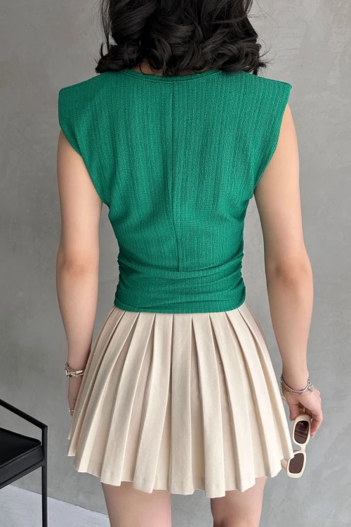 Yeşil Omuzu Vatkalı Beli Kemerli Bürümcük Bluz BCDF-252164