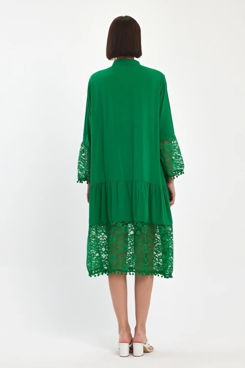 Maxi Boy Yeşil Tül Detaylı Uzun Boy Dokuma Viscon Elbise BCVL-25983