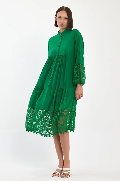 Maxi Boy Yeşil Tül Detaylı Uzun Boy Dokuma Viscon Elbise BCVL-25983