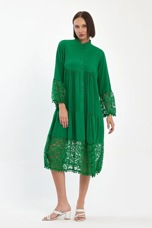 Maxi Boy Yeşil Tül Detaylı Uzun Boy Dokuma Viscon Elbise BCVL-25983