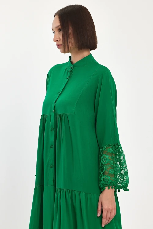 Maxi Boy Yeşil Tül Detaylı Uzun Boy Dokuma Viscon Elbise BCVL-25983