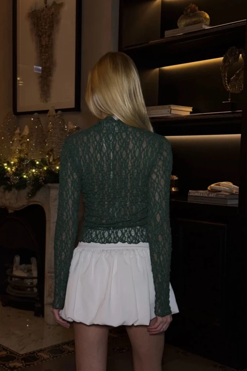 Zümrüt Yeşili Balıkçı Yaka Dantel Bluz BCZK-25SA342