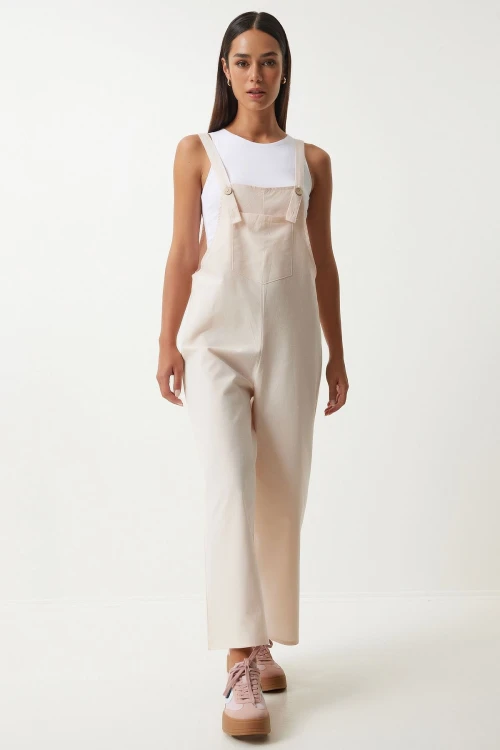 Açık Bej Önü Cepli Askılı Yazlık Gabardin Bahçıvan Tulum