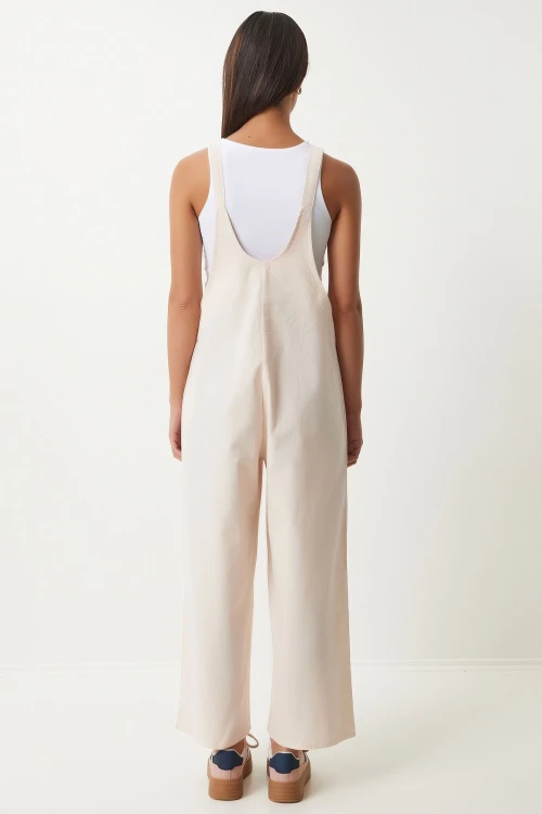 Açık Bej Önü Cepli Askılı Yazlık Gabardin Bahçıvan Tulum