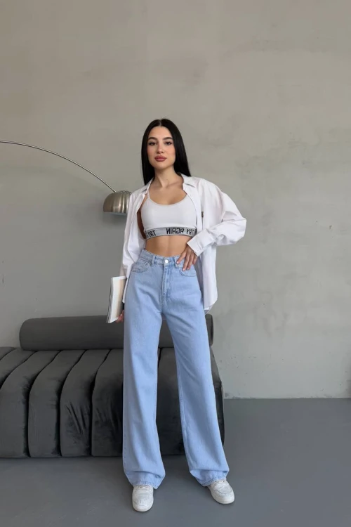 Açık Mavi Yüksek Bel Baggy Palazzo Jean Pantolon BCNW-251415