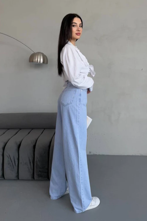 Açık Mavi Yüksek Bel Baggy Palazzo Jean Pantolon BCNW-251415