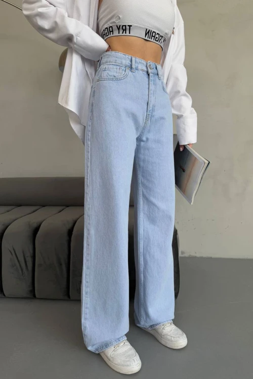 Açık Mavi Yüksek Bel Baggy Palazzo Jean Pantolon BCNW-251415