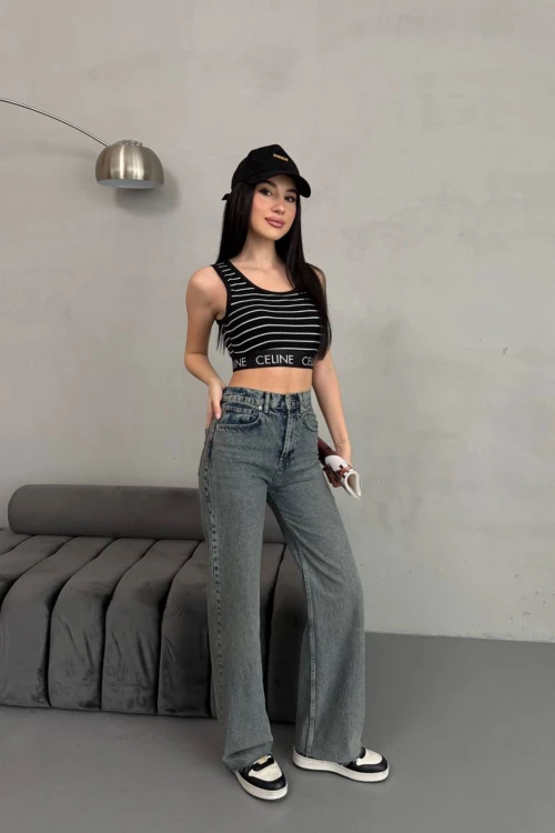 Antrasit Yüksek Bel Paçası Lazer Kesimli Palazzo Jean Pantolon BCNW-251424