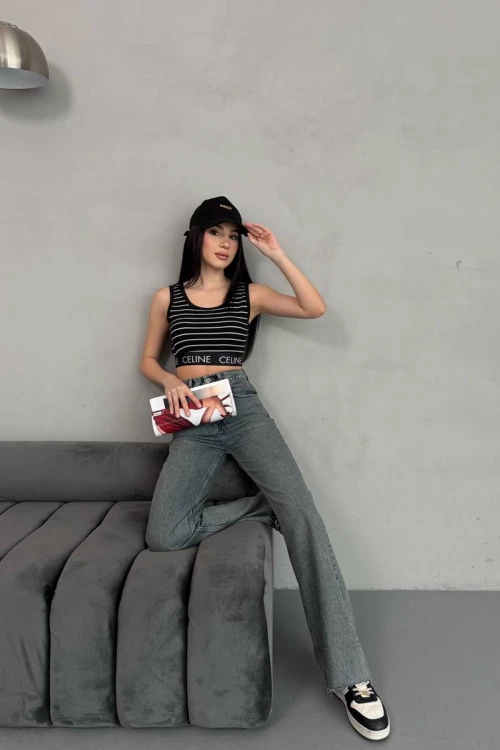 Antrasit Yüksek Bel Paçası Lazer Kesimli Palazzo Jean Pantolon BCNW-251424