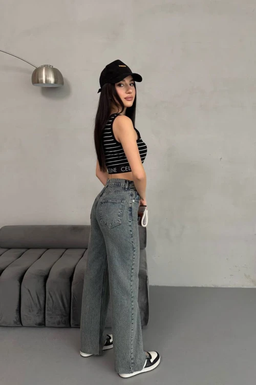 Antrasit Yüksek Bel Paçası Lazer Kesimli Palazzo Jean Pantolon BCNW-251424